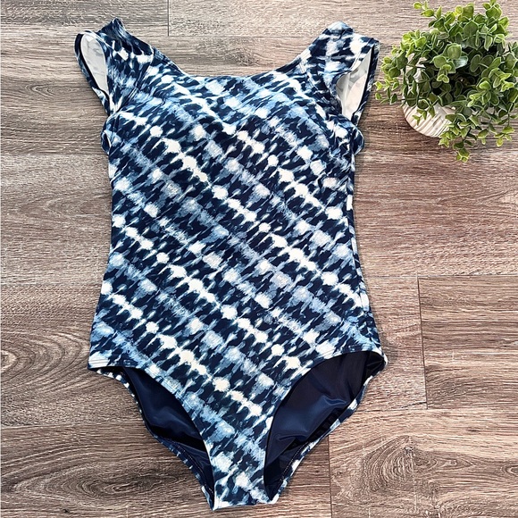 Lands’ End Tummy Control Blue/White Tie Dye Cross Back One Piece Size 12 - Picture 4 of 15